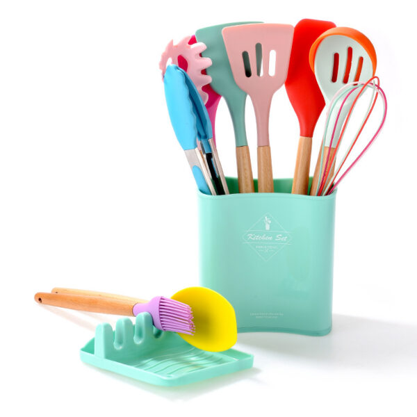 Kitchen Wooden Handle Kitchenware Set With Storage Square Bucket - Image 6