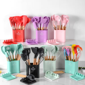 Kitchen Wooden Handle Kitchenware Set With Storage Square Bucket