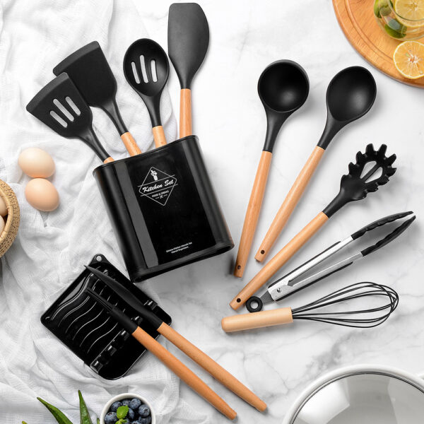 Kitchen Wooden Handle Kitchenware Set With Storage Square Bucket - Image 10